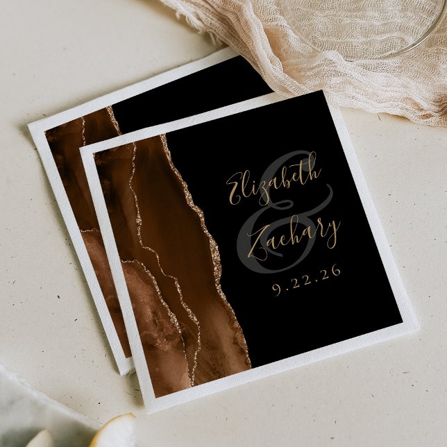 Agate Geode Script Mocha Brown Gold Black Wedding Napkin (Creator Uploaded)