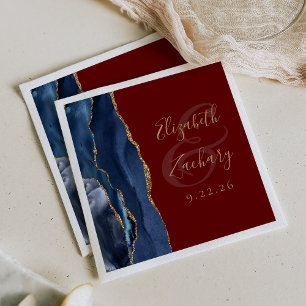 Agate Geode Script Navy Blue Gold Burgundy Wedding Napkin