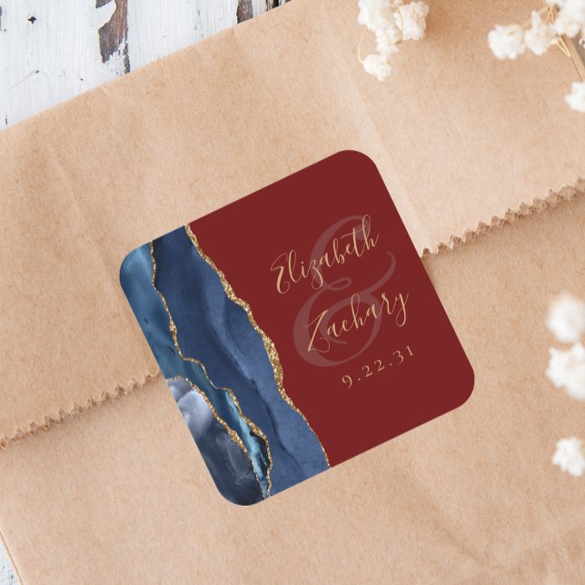 Agate Geode Script Navy Blue Gold Burgundy Wedding Square Sticker (Creator Uploaded)