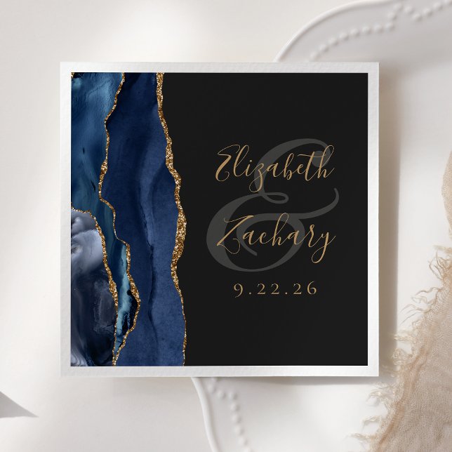Agate Geode Script Navy Blue Gold Dark Wedding Napkin (Creator Uploaded)