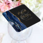 Agate Geode Script Navy Blue Gold Dark Wedding Square Paper Coaster<br><div class="desc">This elegant modern wedding coaster features a navy blue watercolor agate geode design trimmed with faux gold glitter. Easily customise the gold coloured text on a charcoal grey background,  with the names of the bride and groom in handwriting calligraphy over a large,  medium grey ampersand.</div>