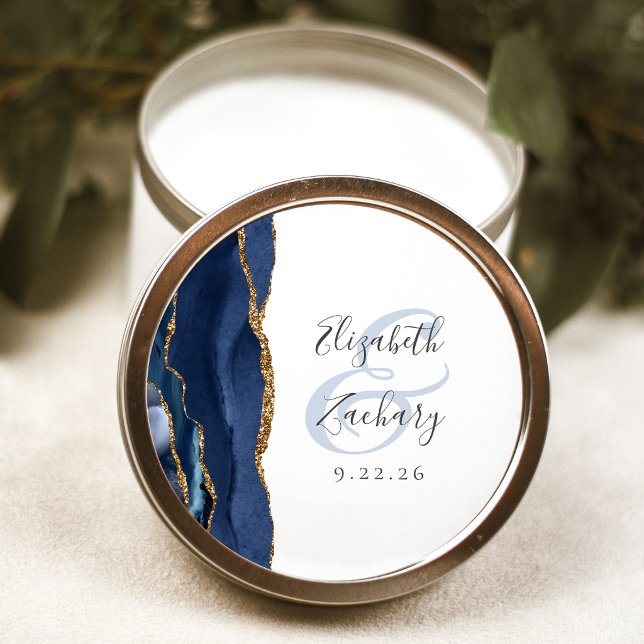 Agate Geode Script Navy Blue Gold Wedding Classic Round Sticker (Creator Uploaded)
