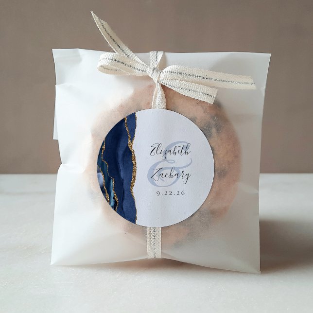 Agate Geode Script Navy Blue Gold Wedding Classic Round Sticker (Creator Uploaded)