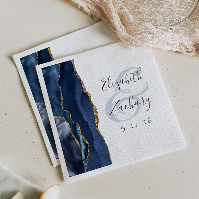 Agate Geode Script Navy Blue Gold Wedding Napkin (Creator Uploaded)