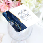 Agate Geode Script Navy Blue Gold Wedding Square Paper Coaster<br><div class="desc">This elegant modern wedding coaster features a navy blue watercolor agate geode design trimmed with faux gold glitter. Easily customise the charcoal grey text on a white background,  with the names of the bride and groom in handwriting calligraphy over a large,  pale blue ampersand.</div>