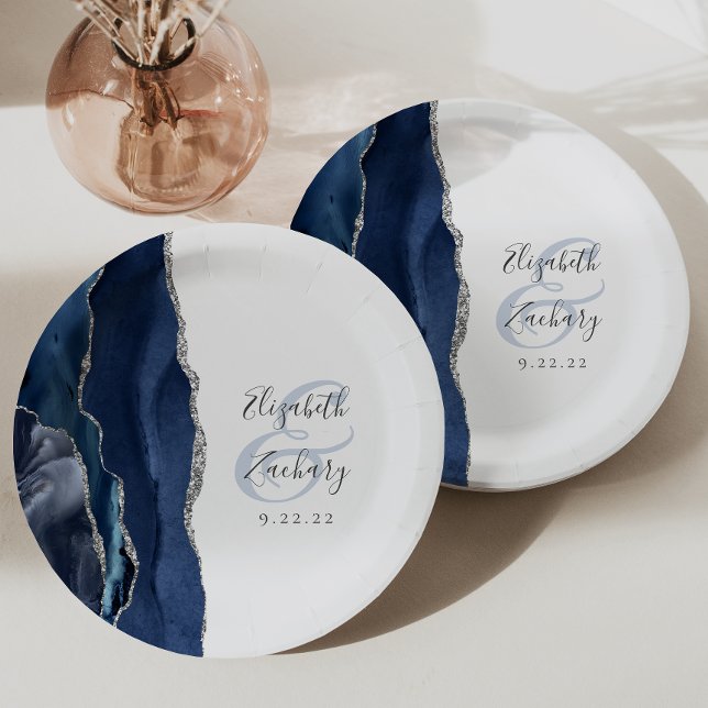 Agate Geode Script Navy Blue Silver Wedding Paper Plate (Creator Uploaded)