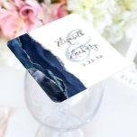 Agate Geode Script Navy Blue Silver Wedding Square Paper Coaster<br><div class="desc">This elegant modern wedding coaster features a navy blue watercolor agate geode design trimmed with faux silver glitter. Easily customise the charcoal grey text on a white background,  with the names of the bride and groom in handwriting calligraphy over a large,  pale blue ampersand.</div>