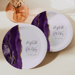 Agate Geode Script Pale Purple Gold Wedding Paper Plate<br><div class="desc">These elegant modern wedding plates feature a purple watercolor design trimmed with faux gold glitter. Easily customise the charcoal grey text on a pale purple background,  with the names of the bride and groom in handwriting calligraphy over a large,  lavender ampersand.</div>