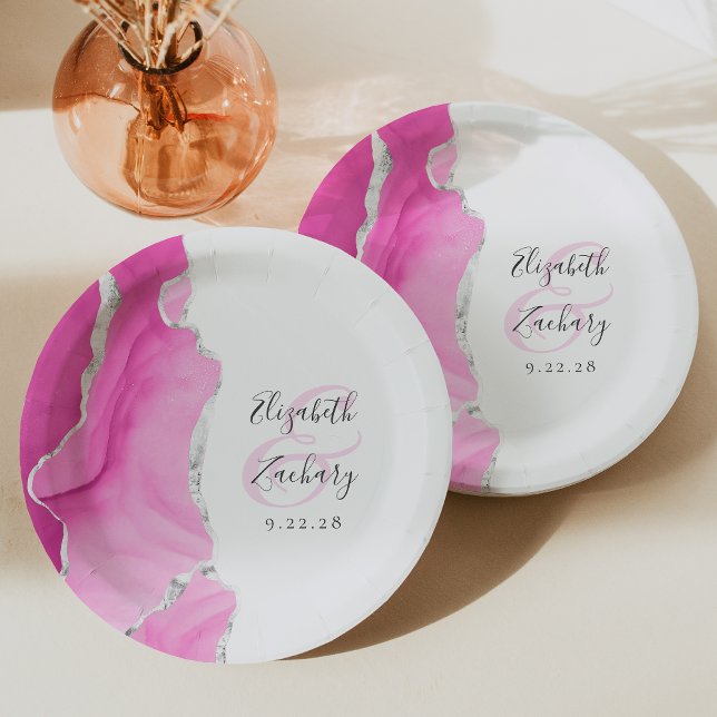 Agate Geode Script Pink Silver Wedding Paper Plate (Creator Uploaded)