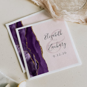 Agate Geode Script Purple Gold Blush Wedding Napkin