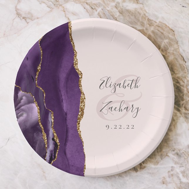 Agate Geode Script Purple Gold Blush Wedding Paper Plate (Creator Uploaded)