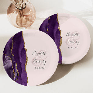 Agate Geode Script Purple Gold Blush Wedding Paper Plate