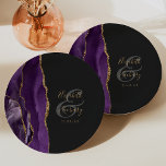 Agate Geode Script Purple Gold Dark Wedding Paper Plate<br><div class="desc">These elegant modern wedding plates feature a purple watercolor design trimmed with faux gold glitter. Easily customise the gold coloured text on an off-black background,  with the names of the bride and groom in handwriting calligraphy over a large grey ampersand.</div>
