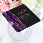 Agate Geode Script Purple Gold Dark Wedding Square Paper Coaster<br><div class="desc">This elegant modern wedding coaster features a purple watercolor agate design trimmed with faux gold glitter. Easily customise the gold coloured text on a charcoal grey background,  with the names of the bride and groom in handwriting calligraphy over a large,  medium grey ampersand.</div>