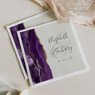 Agate Geode Script Purple Gold Ivory Wedding Napkin