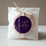 Agate Geode Script Purple Gold Plum Wedding Classic Round Sticker<br><div class="desc">This elegant modern wedding sticker features a purple watercolor agate geode design trimmed with faux gold glitter. Easily customise the gold-coloured text on a rich plum background,  with the names of the bride and groom in handwriting calligraphy over a large ampersand.</div>