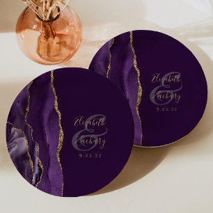Agate Geode Script Purple Gold Plum Wedding Paper Plate