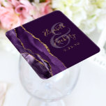 Agate Geode Script Purple Gold Plum Wedding Square Paper Coaster<br><div class="desc">This elegant modern wedding coaster features a purple watercolor agate design trimmed with faux gold glitter. Easily customise the gold coloured text on a rich plum background,  with the names of the bride and groom in handwriting calligraphy over a large ampersand.</div>