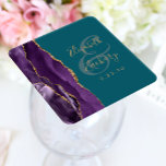 Agate Geode Script Purple Gold Plum Wedding Square Paper Coaster<br><div class="desc">This elegant modern wedding coaster features a purple watercolor agate design trimmed with faux gold glitter. Easily customise the gold-coloured text on a teal blue background,  with the names of the bride and groom in handwriting calligraphy over a large ampersand.</div>