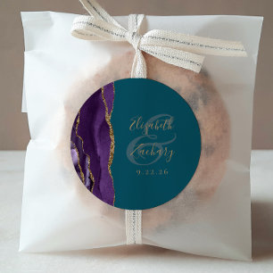 Agate Geode Script Purple Gold Teal Wedding Classic Round Sticker