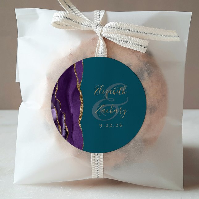 Agate Geode Script Purple Gold Teal Wedding Classic Round Sticker (Creator Uploaded)