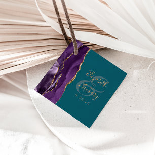 Agate Geode Script Purple Gold Teal Wedding Favour Tags