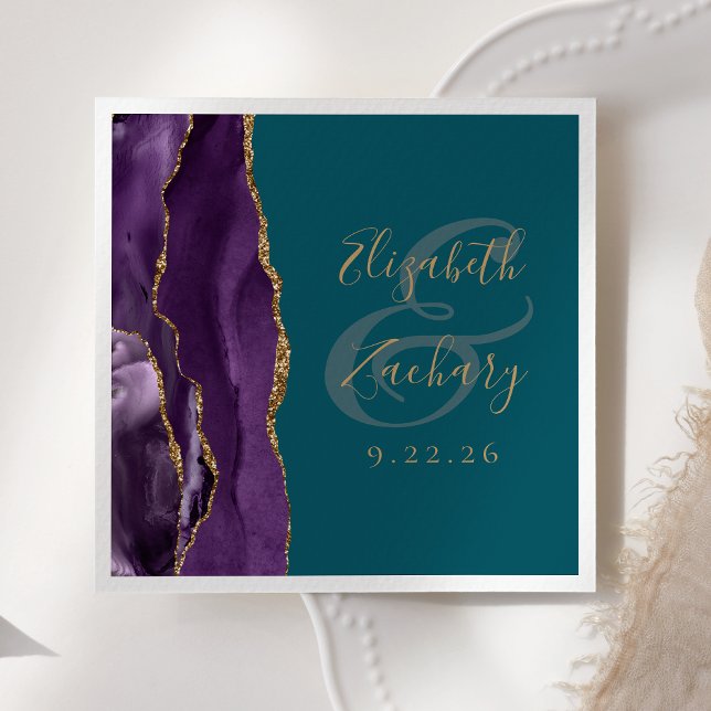 Agate Geode Script Purple Gold Teal Wedding Napkin (Creator Uploaded)