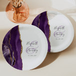 Agate Geode Script Purple Gold Wedding Paper Plate<br><div class="desc">These elegant modern wedding plates feature a purple watercolor design trimmed with faux gold glitter. Easily customise the charcoal grey text on a white background,  with the names of the bride and groom in handwriting calligraphy over a large,  pale lavender ampersand.</div>