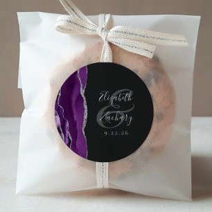 Agate Geode Script Purple Silver Dark Wedding Classic Round Sticker