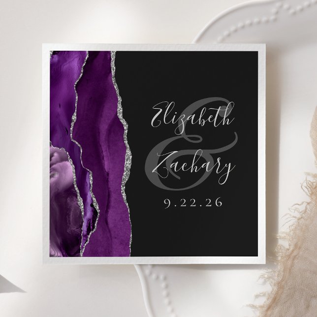 Agate Geode Script Purple Silver Dark Wedding Napkin (Creator Uploaded)