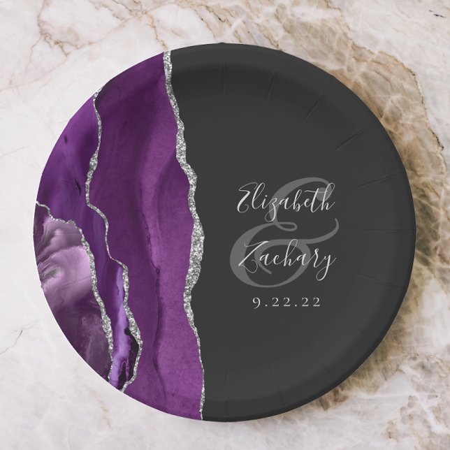 Agate Geode Script Purple Silver Dark Wedding Paper Plate (Creator Uploaded)