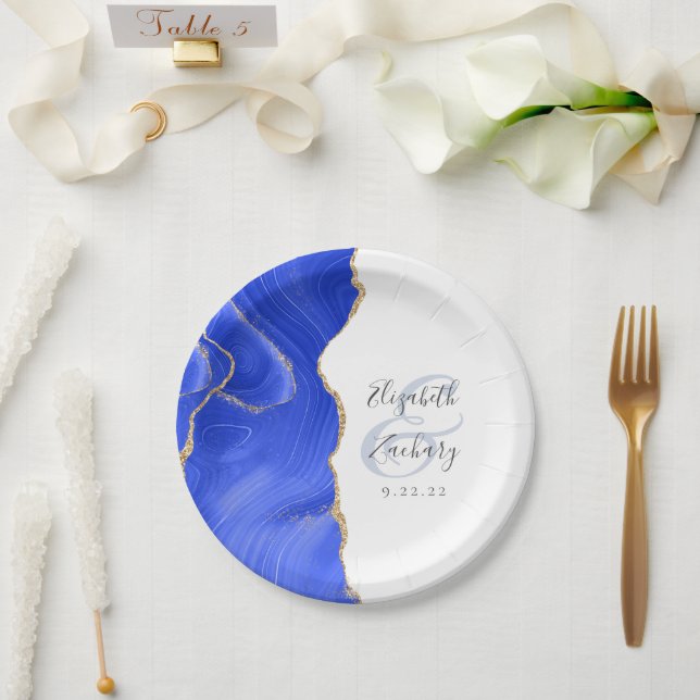 Agate Geode Script Royal Blue Gold Wedding Paper Plate (Wedding)