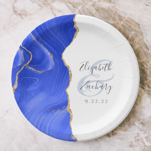 Agate Geode Script Royal Blue Gold Wedding Paper Plate