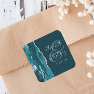 Agate Geode Script Teal Blue Silver Wedding Square Sticker