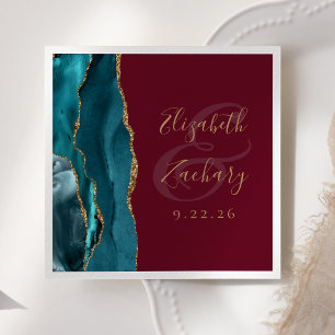 Agate Geode Script Teal Gold Burgundy Wedding Napkin