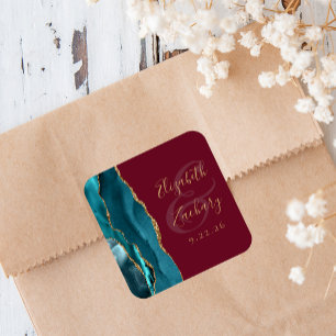 Agate Geode Script Teal Gold Burgundy Wedding Square Sticker