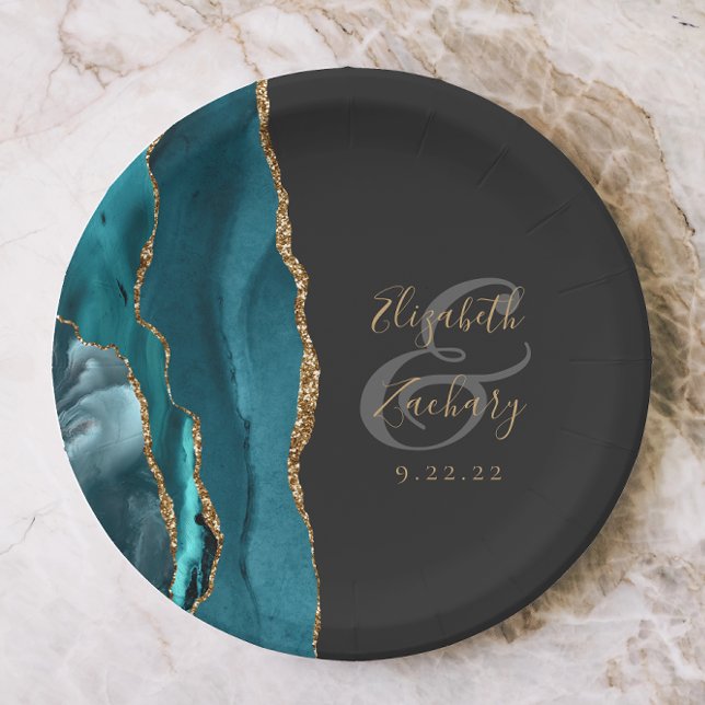 Agate Geode Script Teal Gold Dark Wedding Paper Plate (Creator Uploaded)
