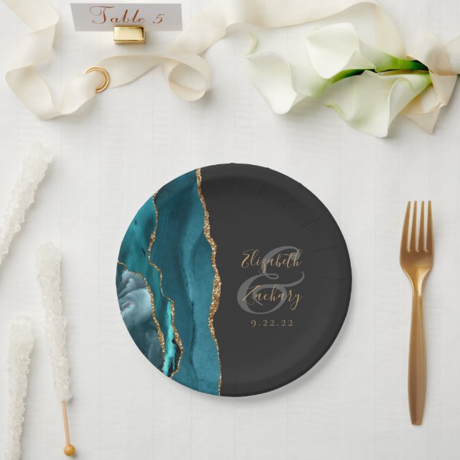 Agate Geode Script Teal Gold Dark Wedding Paper Plate (Wedding)