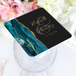 Agate Geode Script Teal Gold Dark Wedding Square Paper Coaster<br><div class="desc">This elegant modern wedding coaster features a teal watercolor agate geode design trimmed with faux gold glitter. Easily customise the gold coloured text on a charcoal grey background,  with the names of the bride and groom in handwriting calligraphy over a large,  medium grey ampersand.</div>