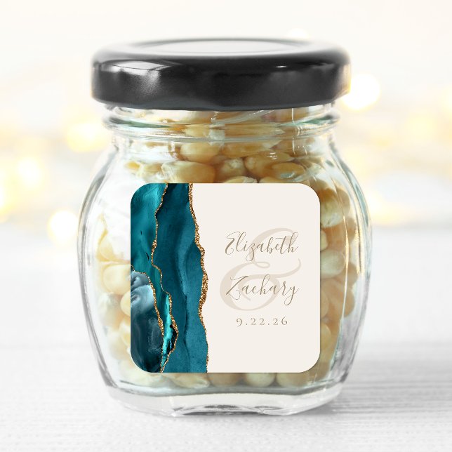 Agate Geode Script Teal Gold Ivory Wedding Square Sticker (Creator Uploaded)