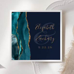 Agate Geode Script Teal Gold Navy Blue Wedding Napkin