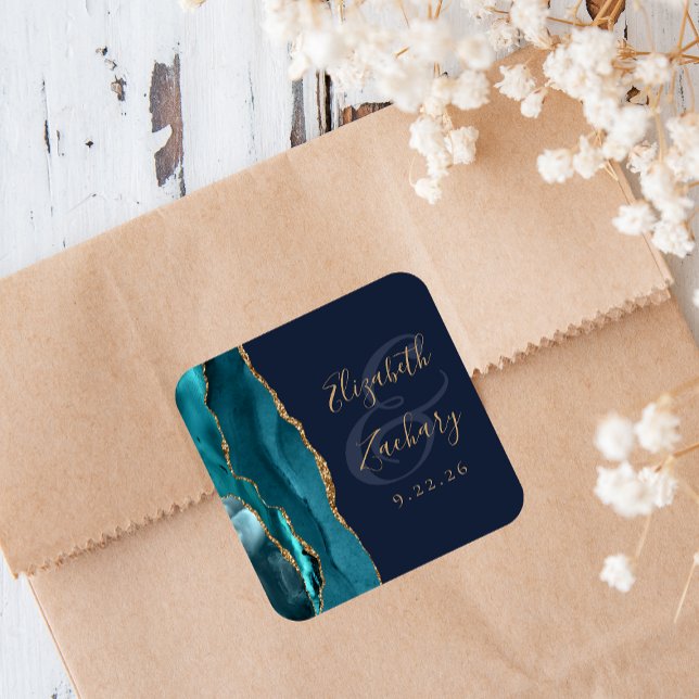 Agate Geode Script Teal Gold Navy Blue Wedding Square Sticker (Creator Uploaded)