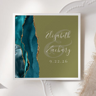 Agate Geode Script Teal Gold Olive Green Wedding Napkin