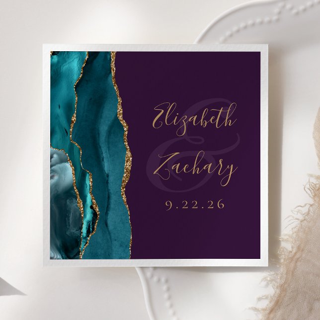 Agate Geode Script Teal Gold Purple Wedding Napkin (Creator Uploaded)