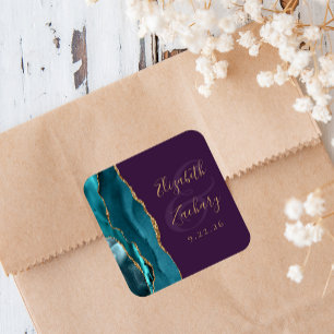 Agate Geode Script Teal Gold Purple Wedding Square Sticker