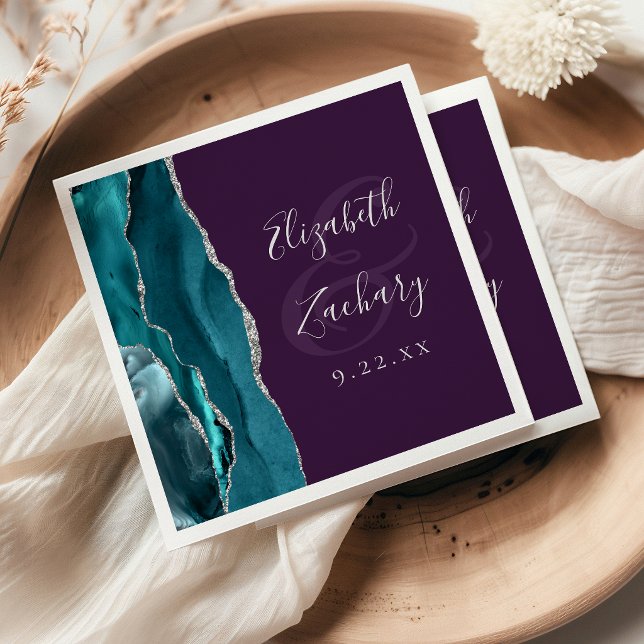 Agate Geode Script Teal Silver Purple Wedding Napkin (Creator Uploaded)