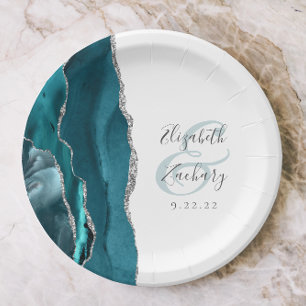 Agate Geode Script Teal Silver Wedding Paper Plate