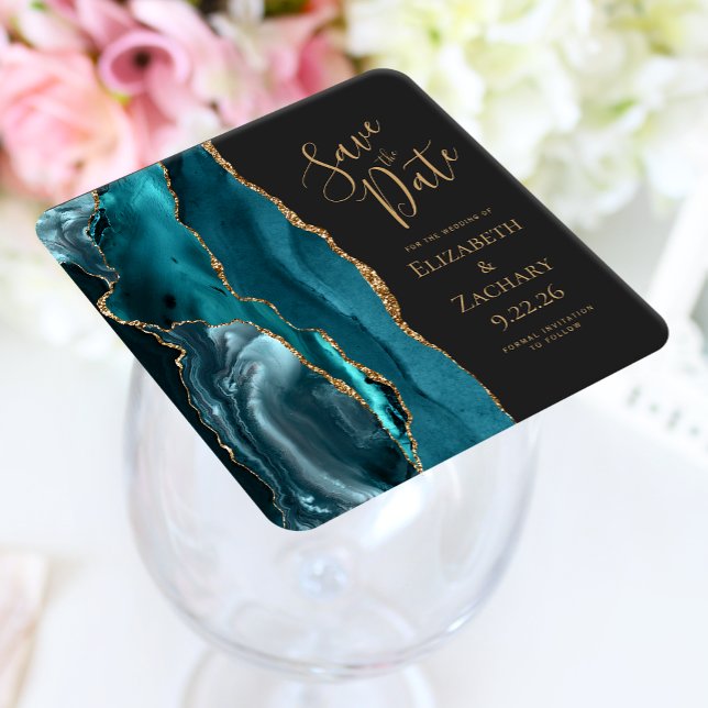 Agate Geode Teal Blue Gold Dark Save the Date Square Paper Coaster (Creator Uploaded)