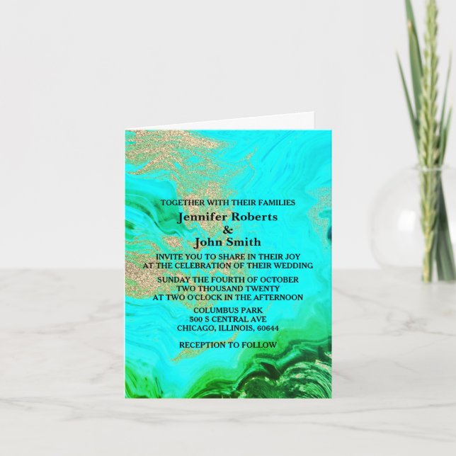 Agate Geode Teal Blue Green Gold Glitter Wedding Invitation (Front)