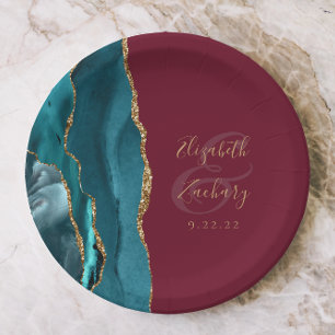 Agate Geode Teal Gold Burgundy Wedding Paper Plate